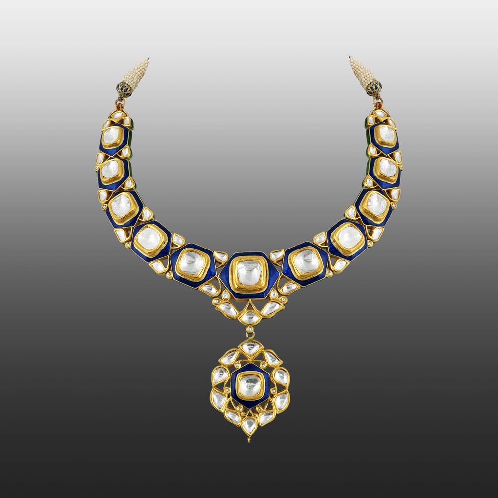 Polki Necklace with Blue Enamel and Central Polki Pendant
